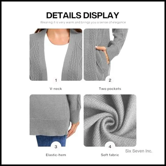 Cable Knit Chunky Cardigan V Neck Open Front Sweater Coat with Pockets - Picture 5 of 7